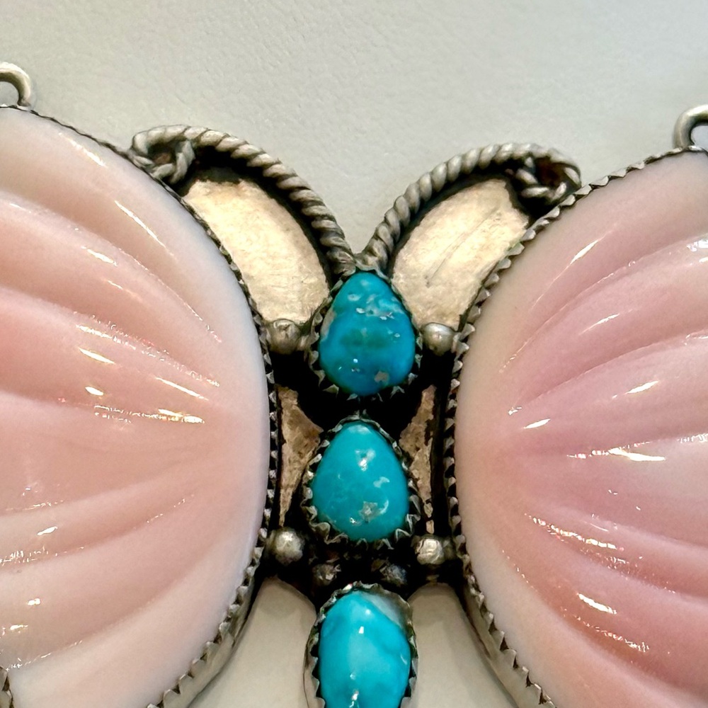 NQC545 GIANT Puffy Butterfly QueenPinkConch & Blue Ridge TURQUOISE Necklace S925 - Picture 4 of 11
